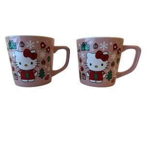 Hello Kitty Christmas Mugs Set of 2 Pink‎ Holiday Ceramic Coffee Cups Snowflakes